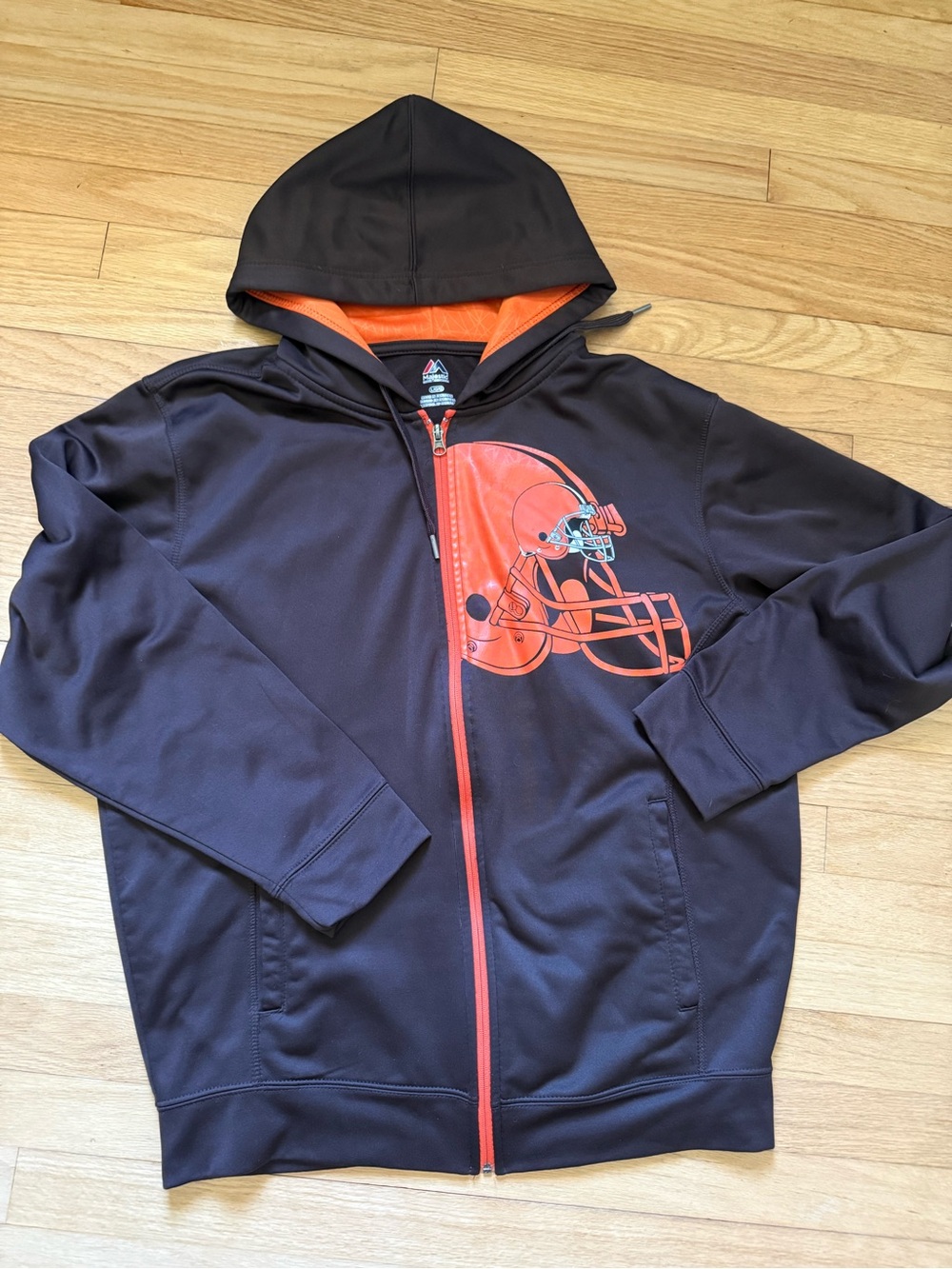 Majestic Black Zip-Up Hoodie with Orange Helmet Graphic